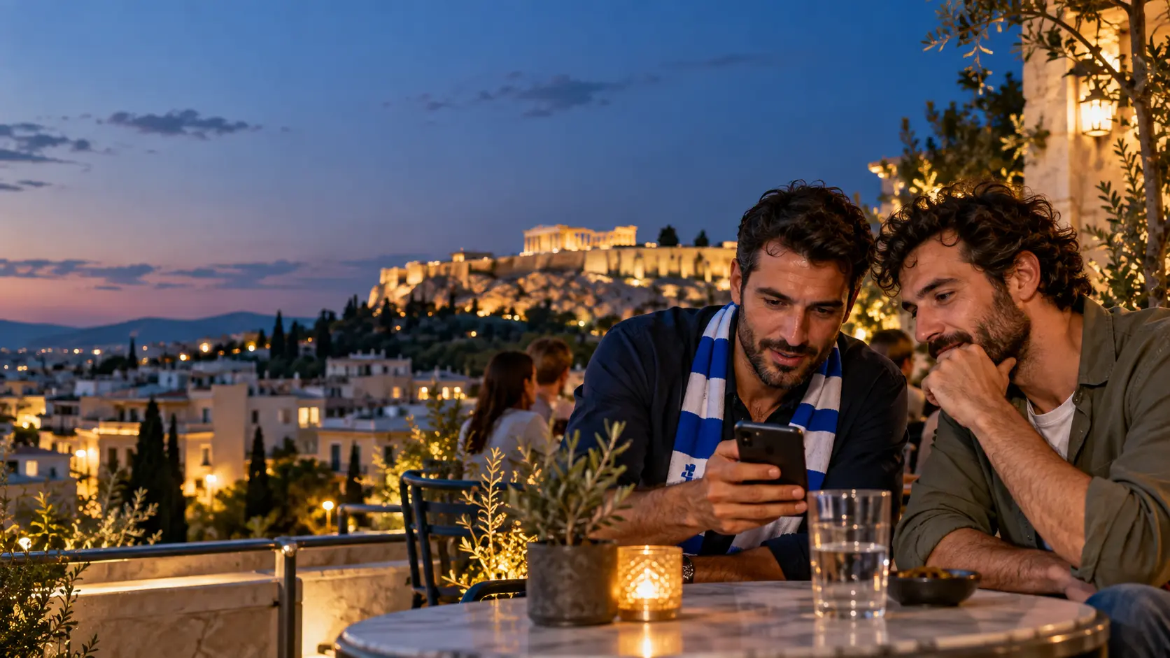 Δύο ενήλικοι φίλαθλοι εξετάζουν στοιχεία αγώνα σε κινητό στην Αθήνα